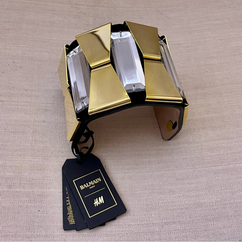🖤 Balmain X H&M leather statement bracelet mirror gold tone suede rhinestone - Picture 3 of 13